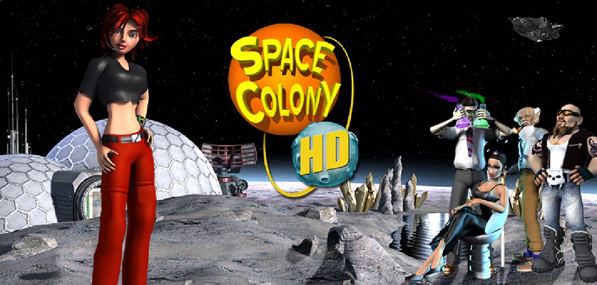 Space Colony HD key art with the main characters standing in front of a lunar base