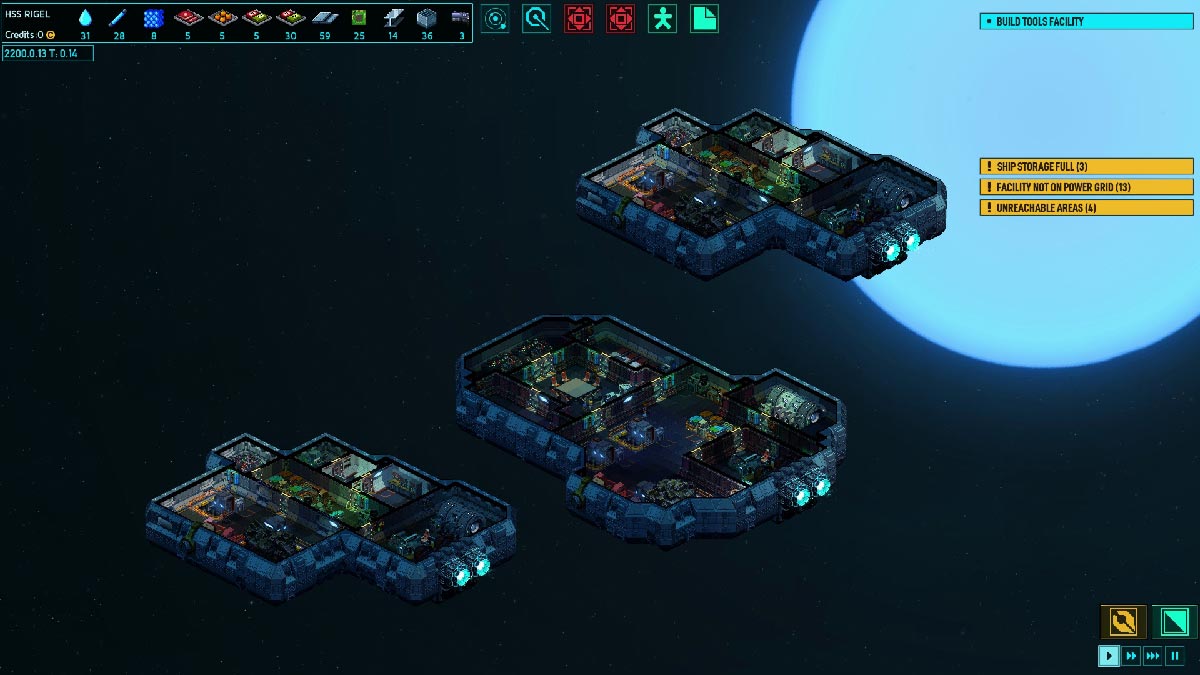 A three-ship fleet in Space Haven drifting through deep space in pixel art