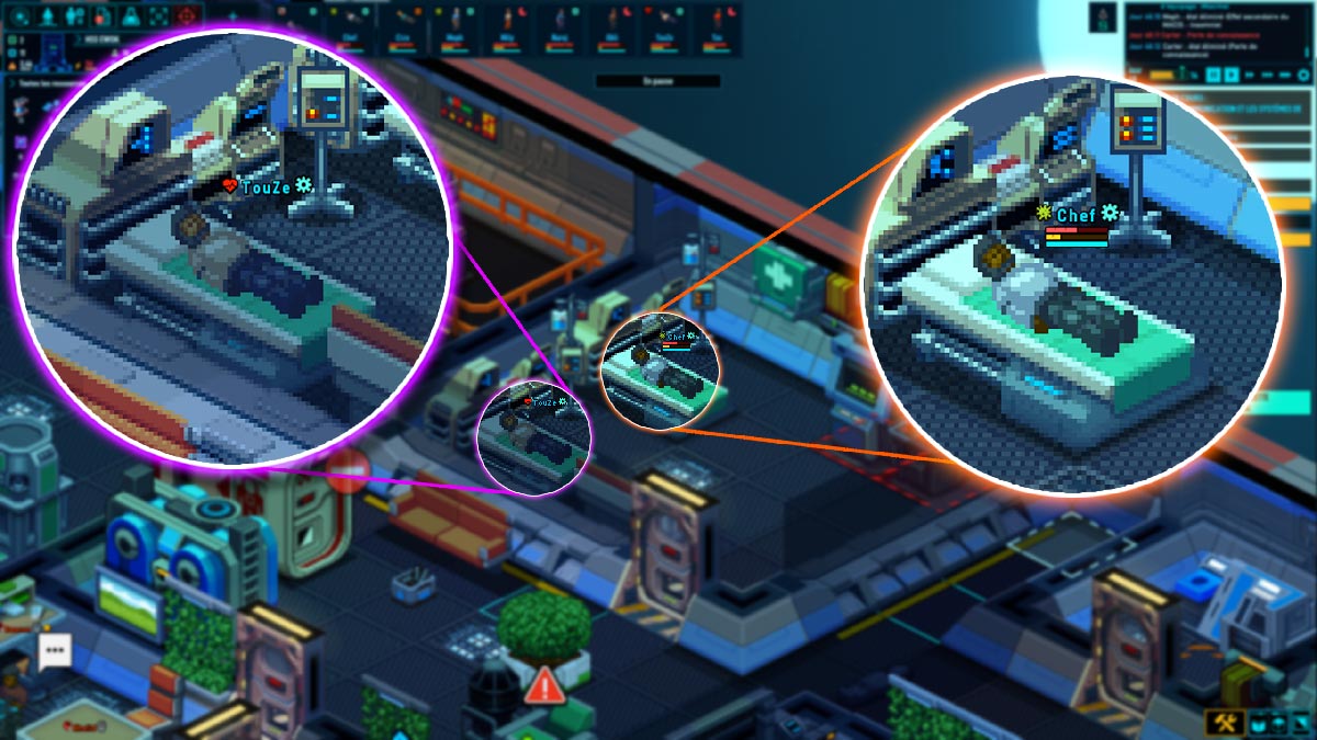 Space Haven sickbay with two custom-named crew members wounded and recovering on hospital beds