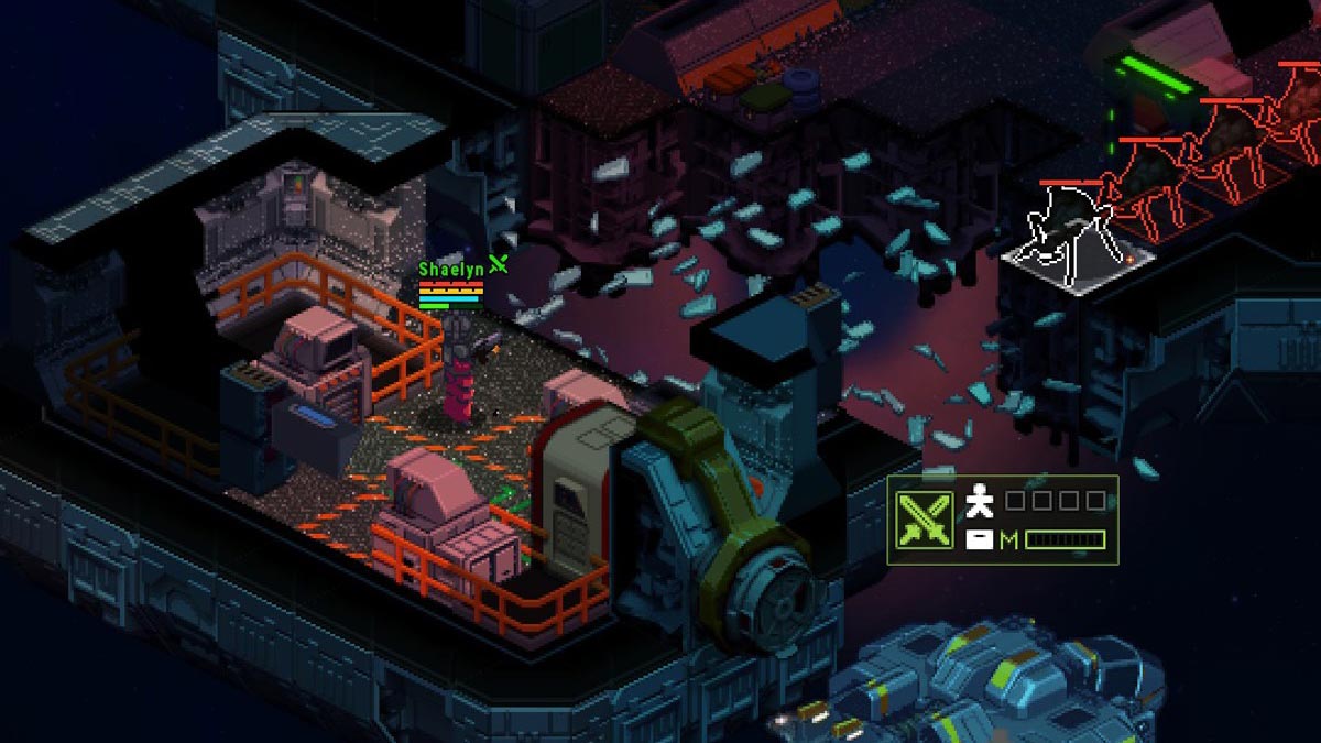 Space Haven character alone on a derelict ship, a gaping hole ahead, four alien enemies ready to pounce