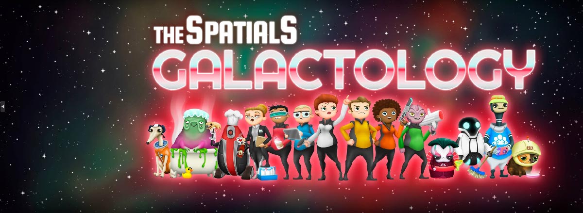 The Spatials Galactology key art with crew members in Star Trek-style suits and various alien species on one line