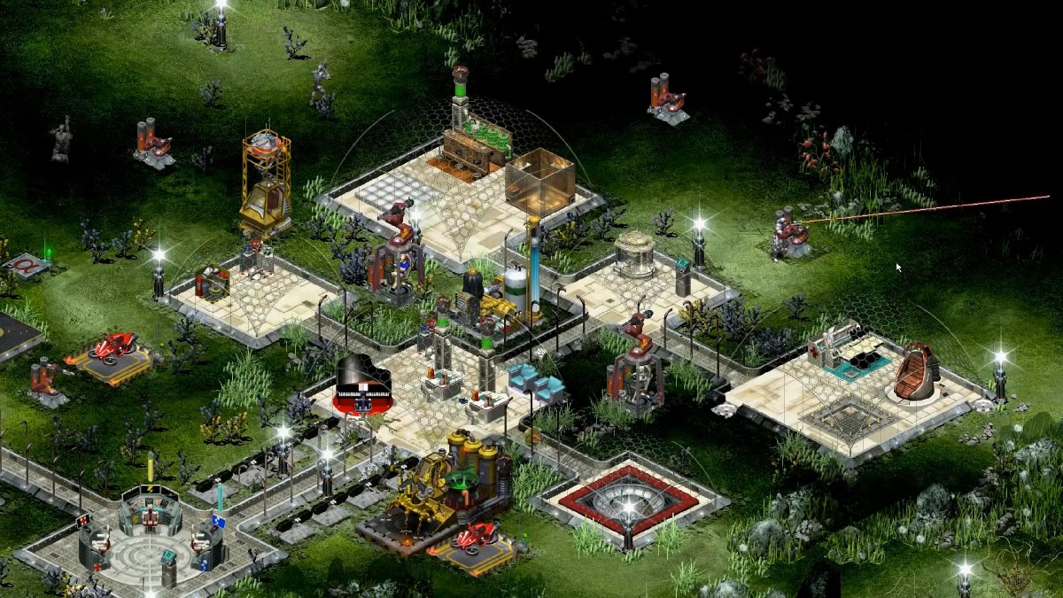 Early base layout in Space Colony HD, green biome, defensive laser turrets, and hoverbikes on the lunar surface