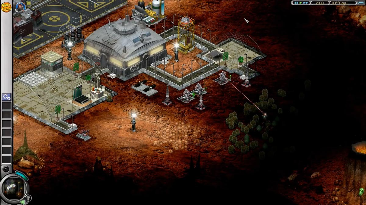 Three defense droids created by the player protecting the base against an alien invasion in Space Colony HD