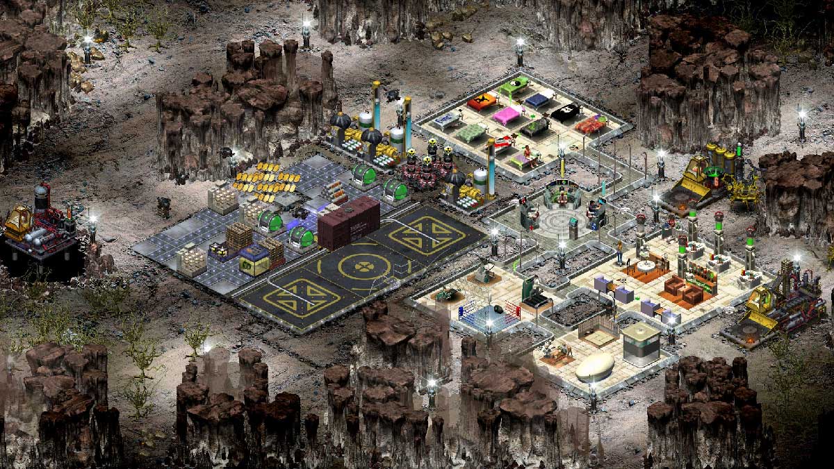 Vue aérienne d'une base lunaire dans Space Colony HD, avec dortoirs, pompes à oxygène, entrepôts et machineries extérieures