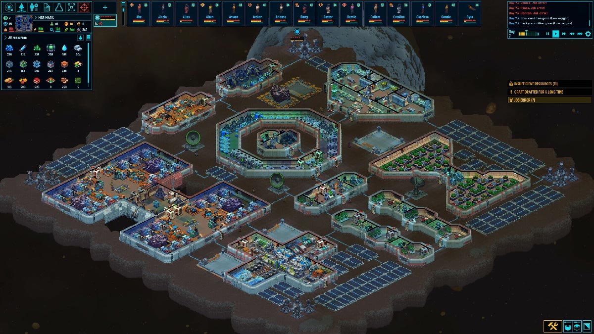 Base spatiale construite par le joueur sur un astéroïde dans Space Haven, mode station