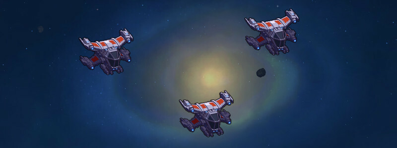 Trois chasseurs interstellaires du joueur en formation dans l'espace profond, Space Haven