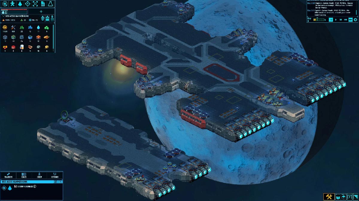 Vue de dessus de deux vaisseaux du joueur formant une flotte dans Space Haven