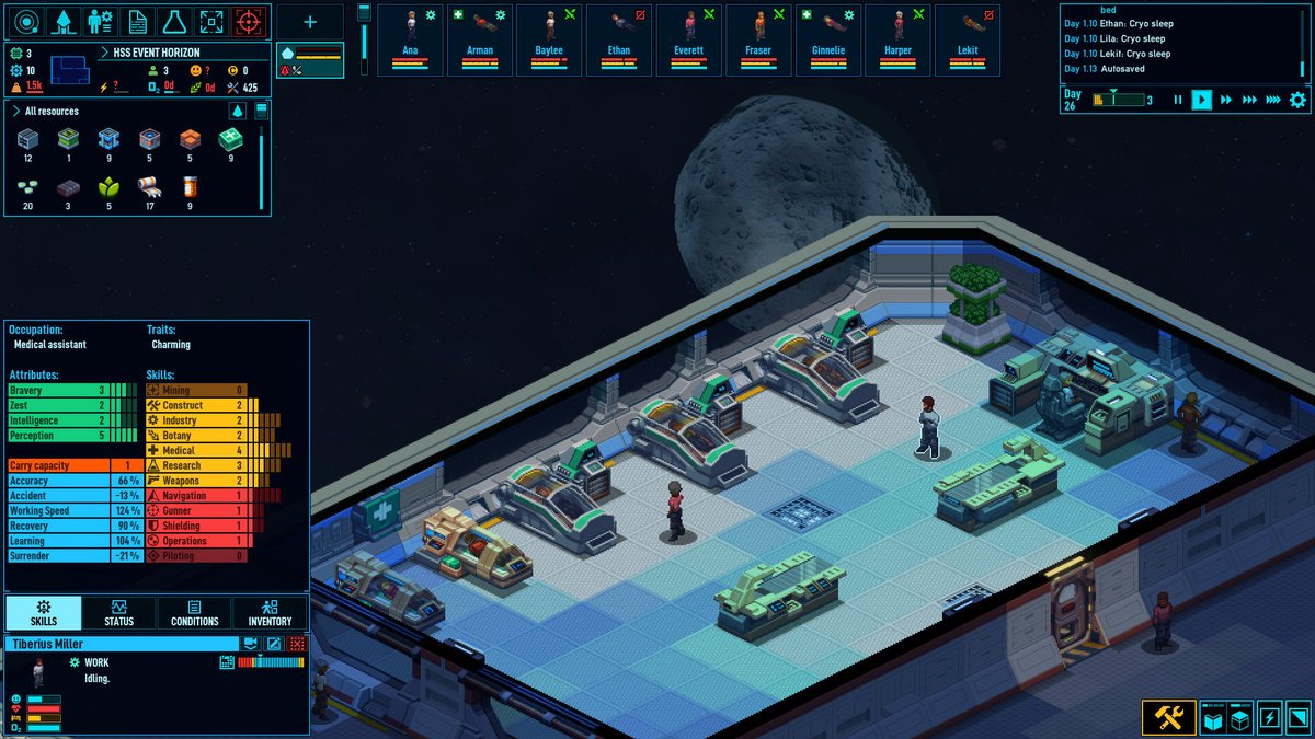 Infirmerie du vaisseau dans Space Haven avec des personnages en capsules de stase médicale