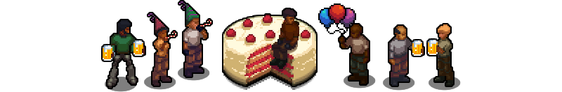 Célébration de la sortie 1.0 de Space Haven, l'équipage du joueur trinque avec des bières autour d'un gâteau géant