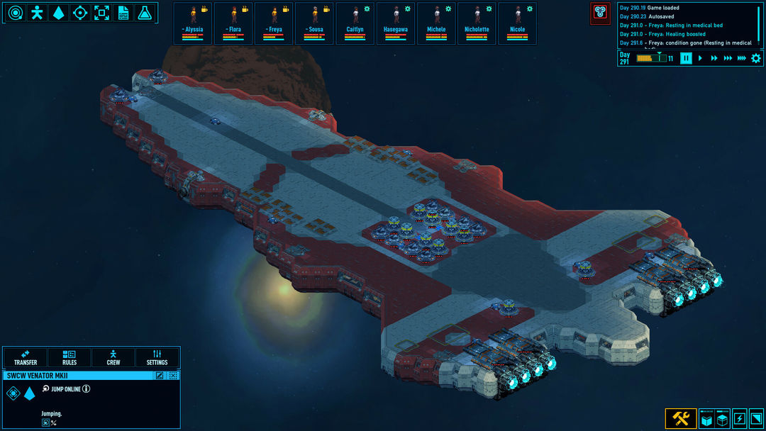 Grand vaisseau du joueur vu de dessus dans Space Haven, en forme de croiseur triangulaire