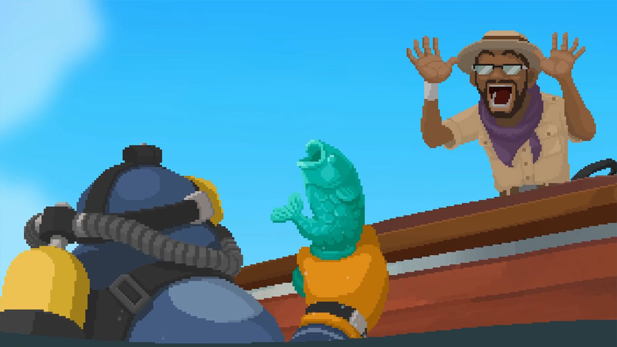 Dave the Diver : Dave brings up an artefact from the Sea People, Dr. Beacon delighted on his boat