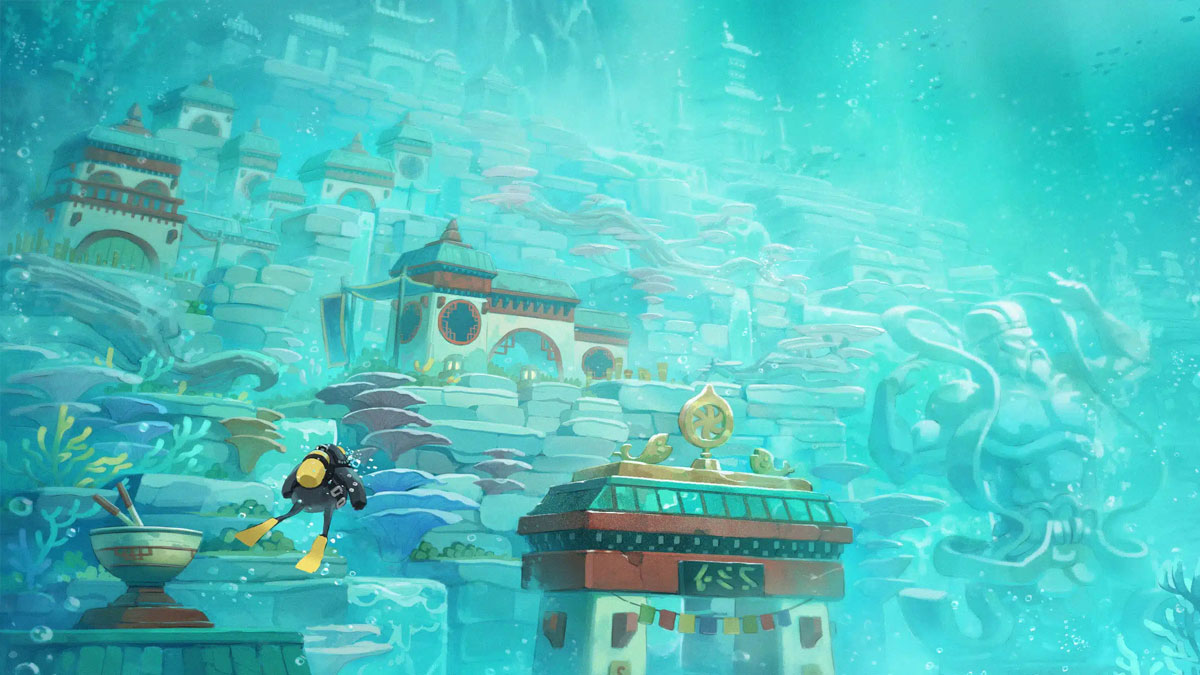 Dave the Diver : Dave facing the immense underwater city of the Sea People