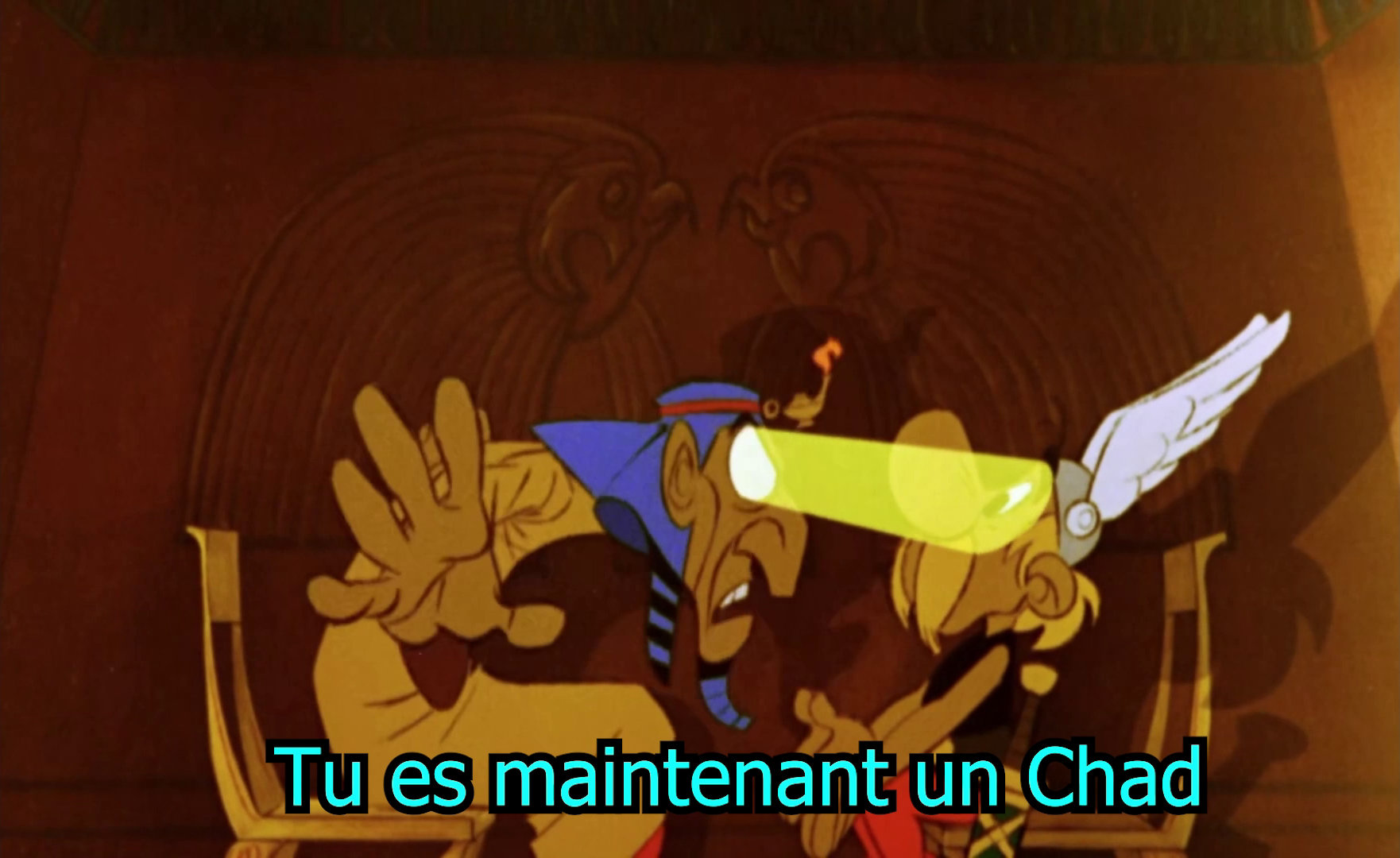 Illustration d'Astérix avec des yeux hypnotisés face au psychiatre, représentant la folie d'un joueur de Tarkov