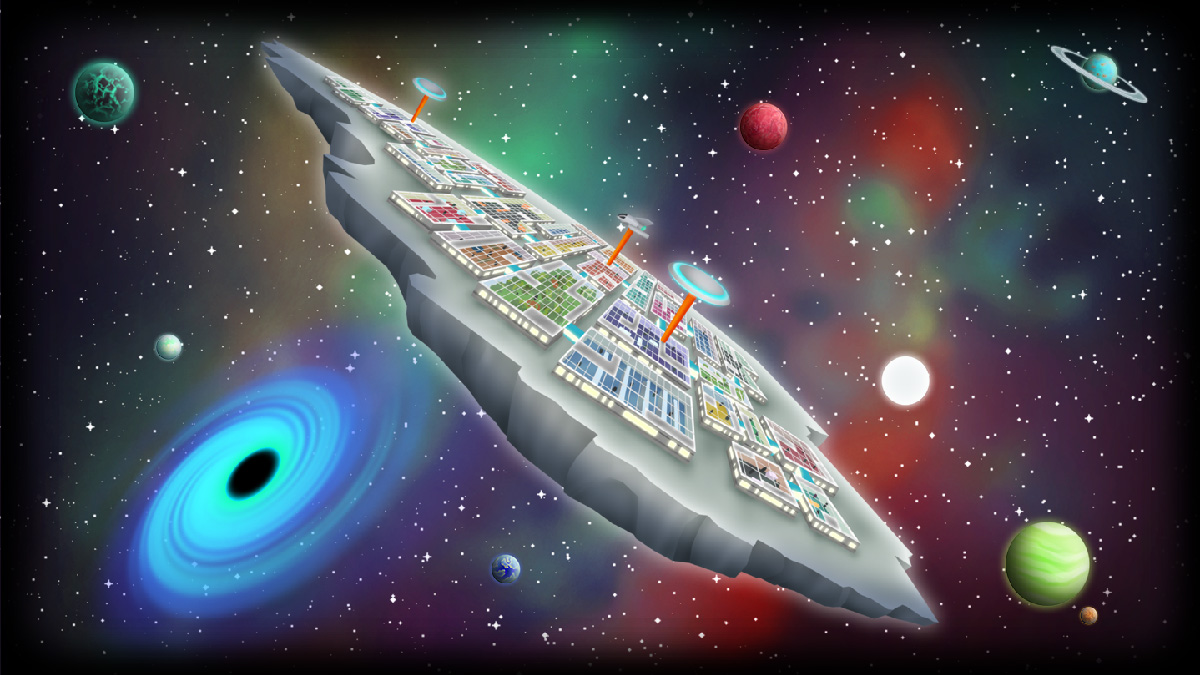 Vue d'une grande base spatiale sur astéroïde dans The Spatials Galactology, soucoupes volantes au sol et planètes visibles en arrière-plan