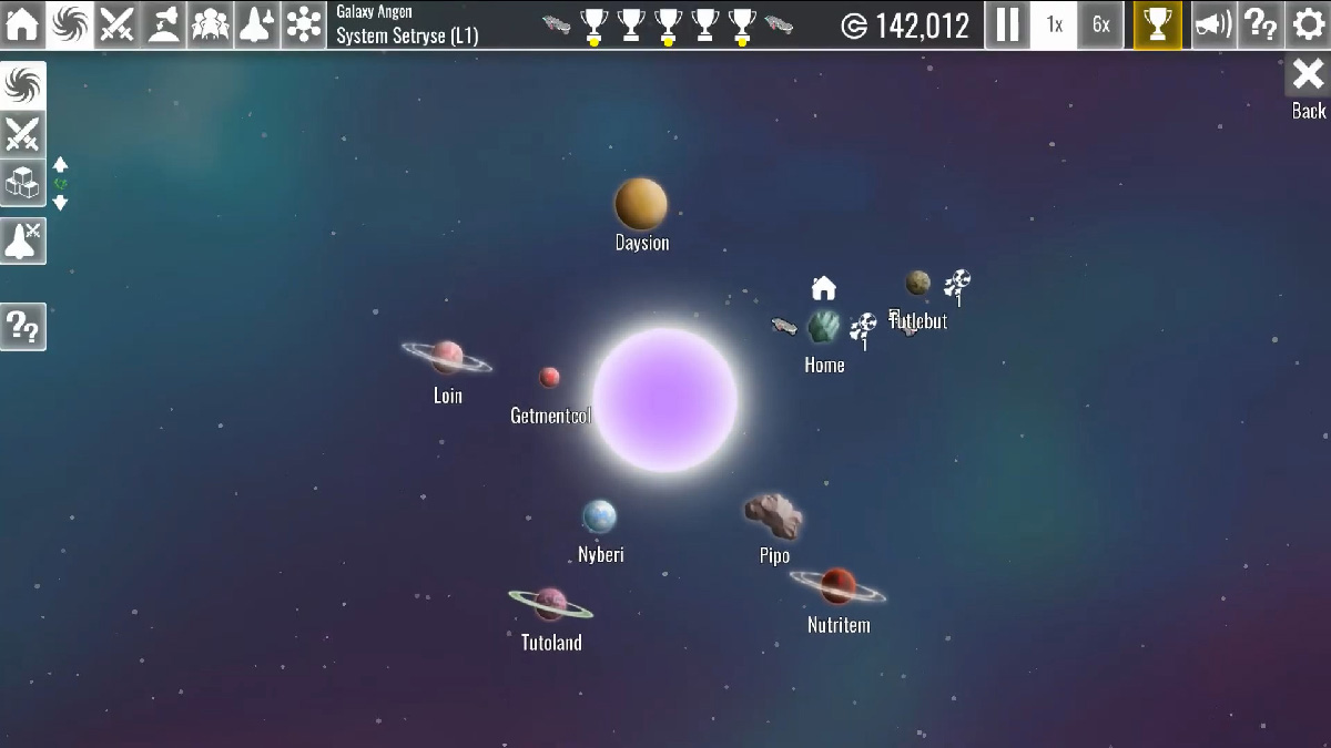 Star system map view in The Spatials Galactology displaying multiple planets available for resource extraction