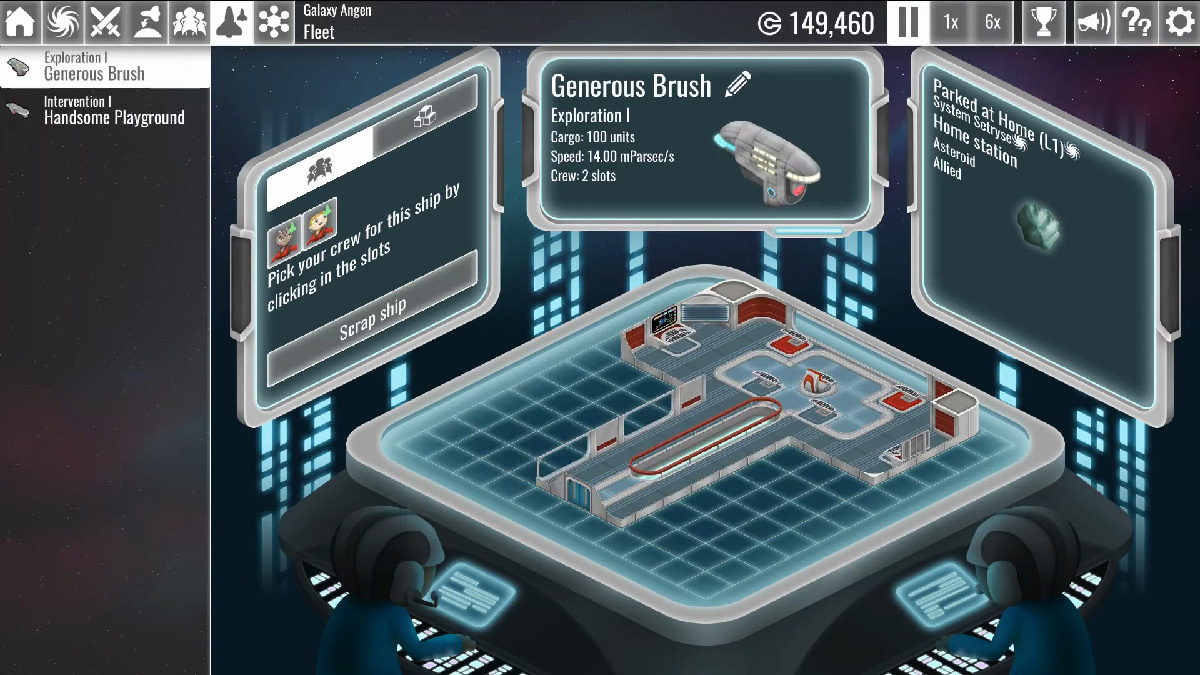 Ship selection screen in The Spatials Galactology displaying crew metrics, warp speed, and cargo capacity stats