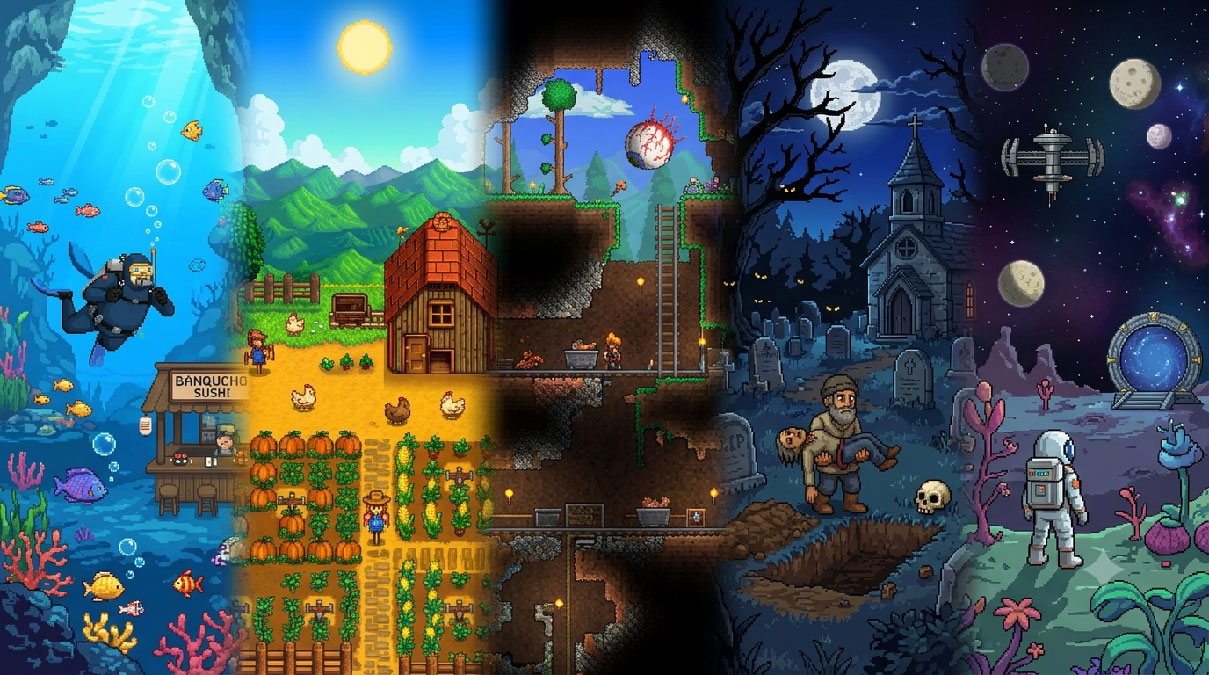Montage de Dave the Diver, Stardew Valley, Terraria, Starbound et Graveyard Keeper