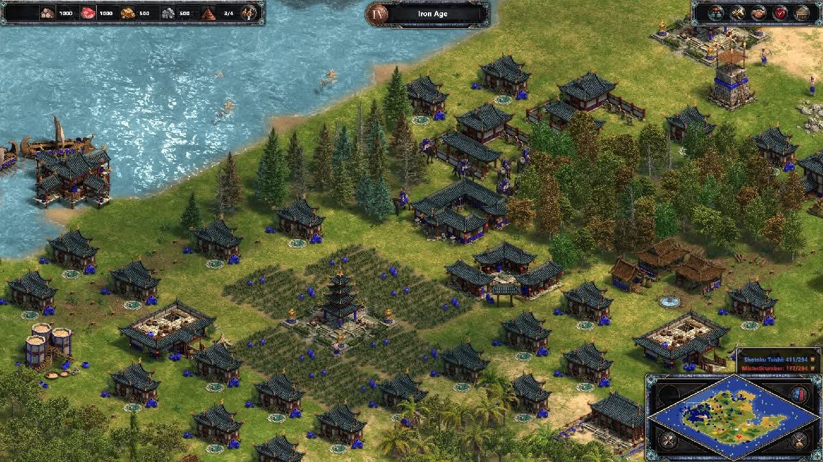 Age of Empires 1 Definitive Edition, Asian civilization base in the forest with farms surrounding the town center