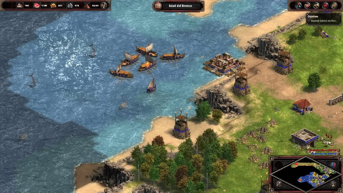 Age of Empires 1 Definitive Edition, established coastal base with harbor, defense towers and warships near whales