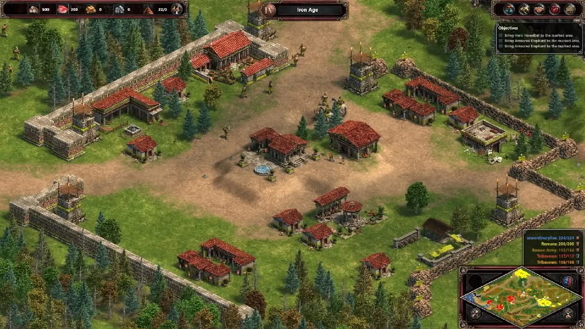 Age of Empires 1 Definitive Edition, heavily fortified base with walls and two entrances protected by towers
