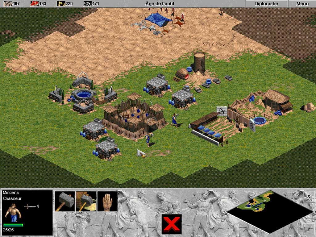 Age of Empires 1 original, Age 2 base with town center, barracks, archery range, granary, stable and two warriors