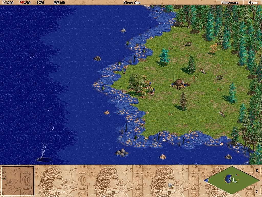 Age of Empires 1 original, early game with a house in a clearing between forest and river, gatherers working the berry bushes