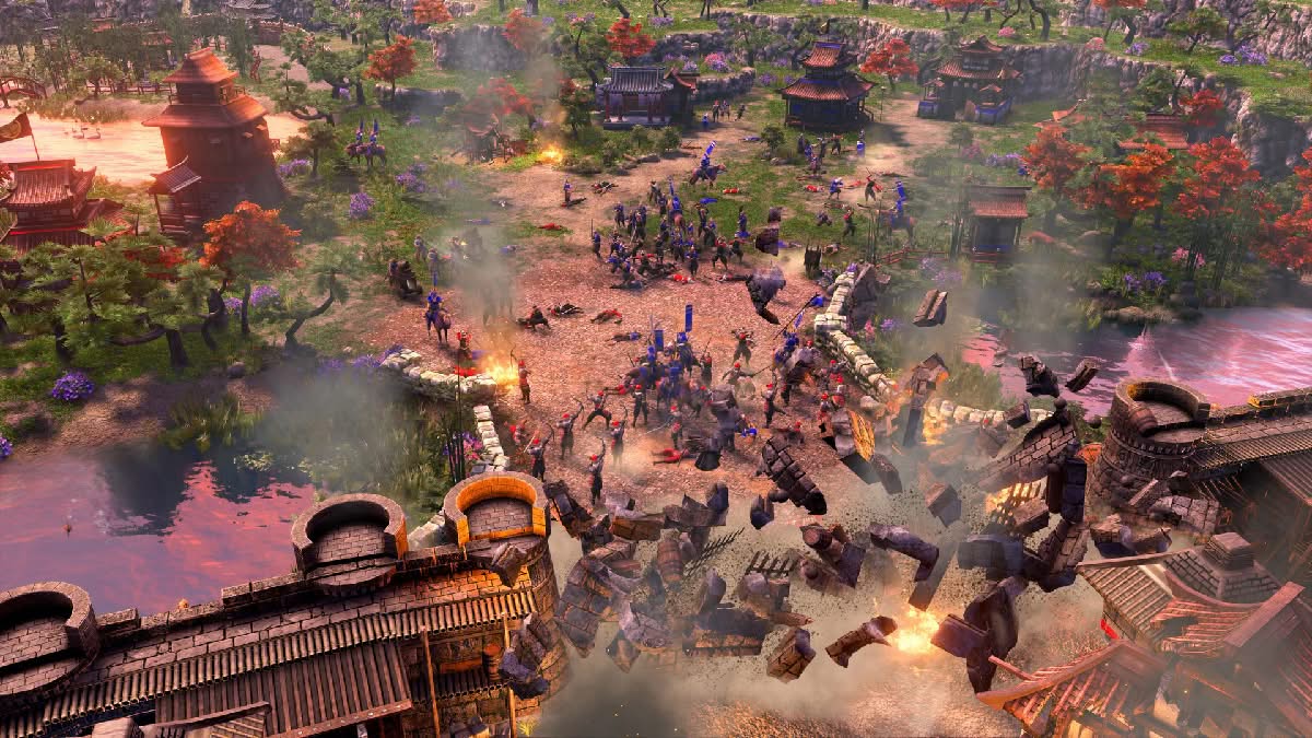 Age of Empires 3 Definitive Edition, intense battle with a gate just blown open by cannon fire, survivors defending the bridge