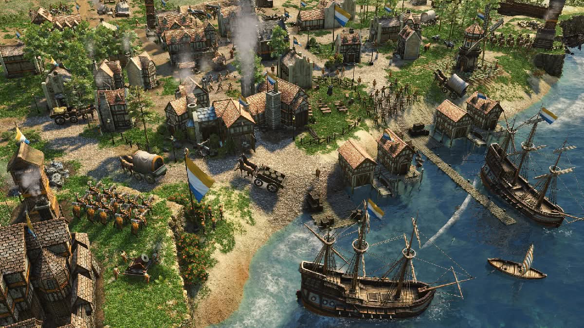 Age of Empires 3 Definitive Edition, stunning coastal city with docked ships, battalions in formation and smoking chimneys
