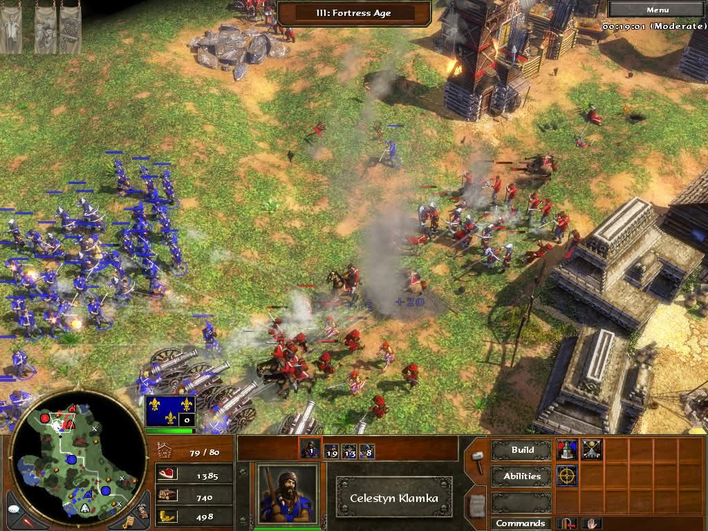 Age of Empires 3 original, battle between two armies with crossbowmen and cannons