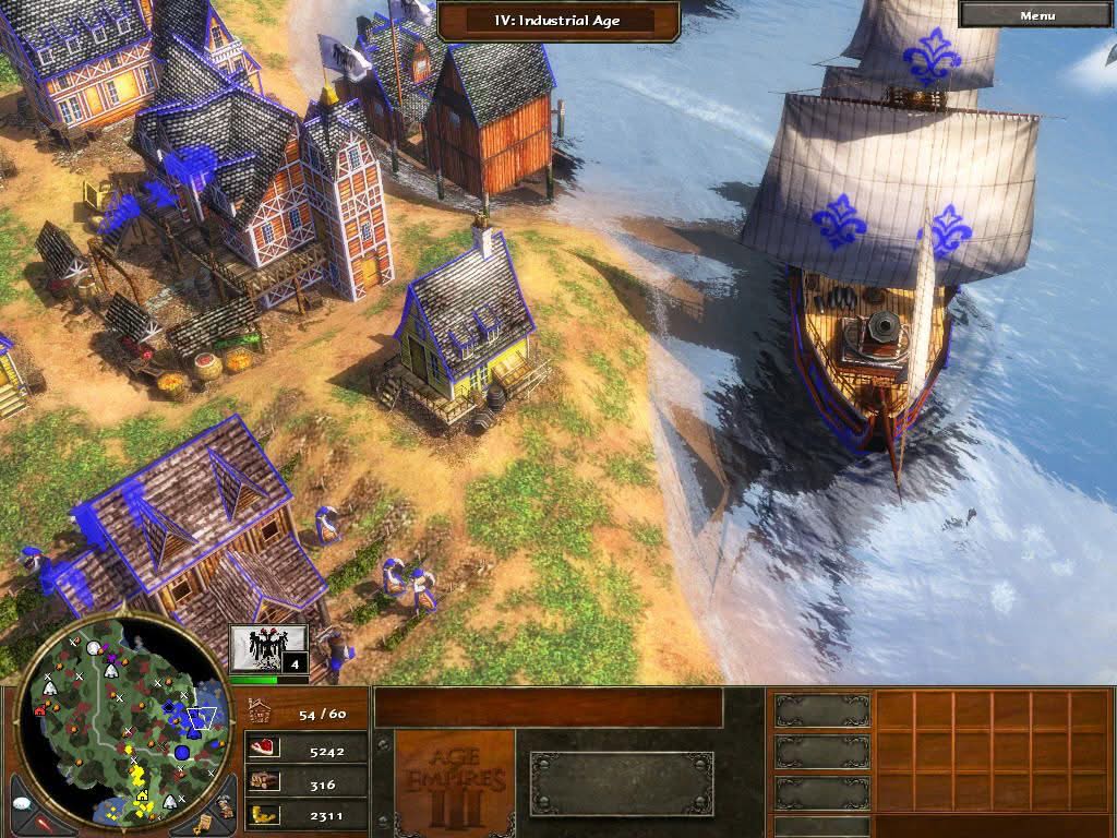 Age of Empires 3 original, a large ship docked along a coast near a village