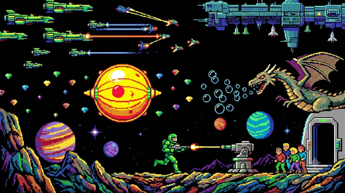 Montage réunissant Zox 2099, Netherworld et Exolon, trois jeux spatiaux cultes sur Amstrad CPC
