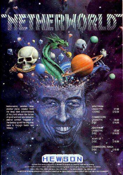 Jaquette de Netherworld sur Amstrad CPC avec un visage humain entouré de dragons, crânes, planètes et diamants