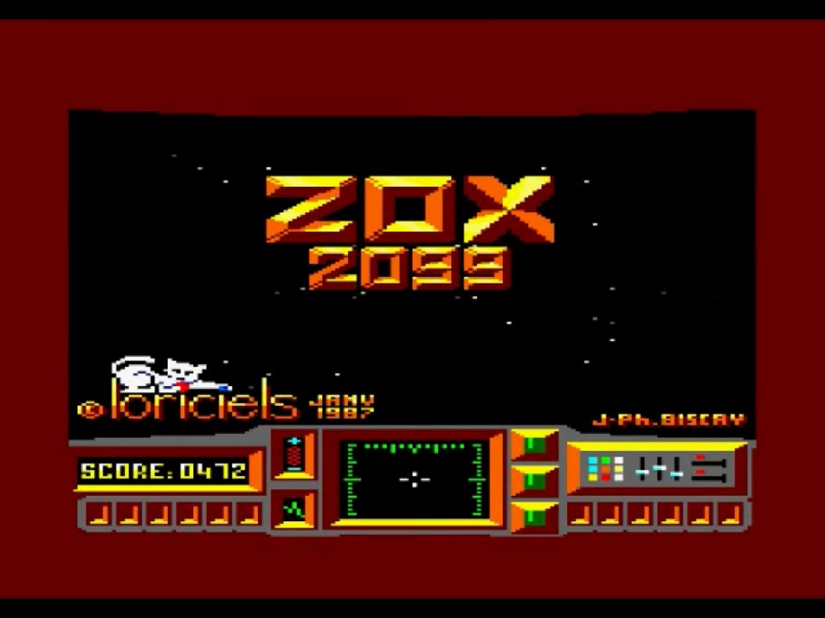 Titre de Zox 2099 avec le logo Loriciels devant un fond étoilé