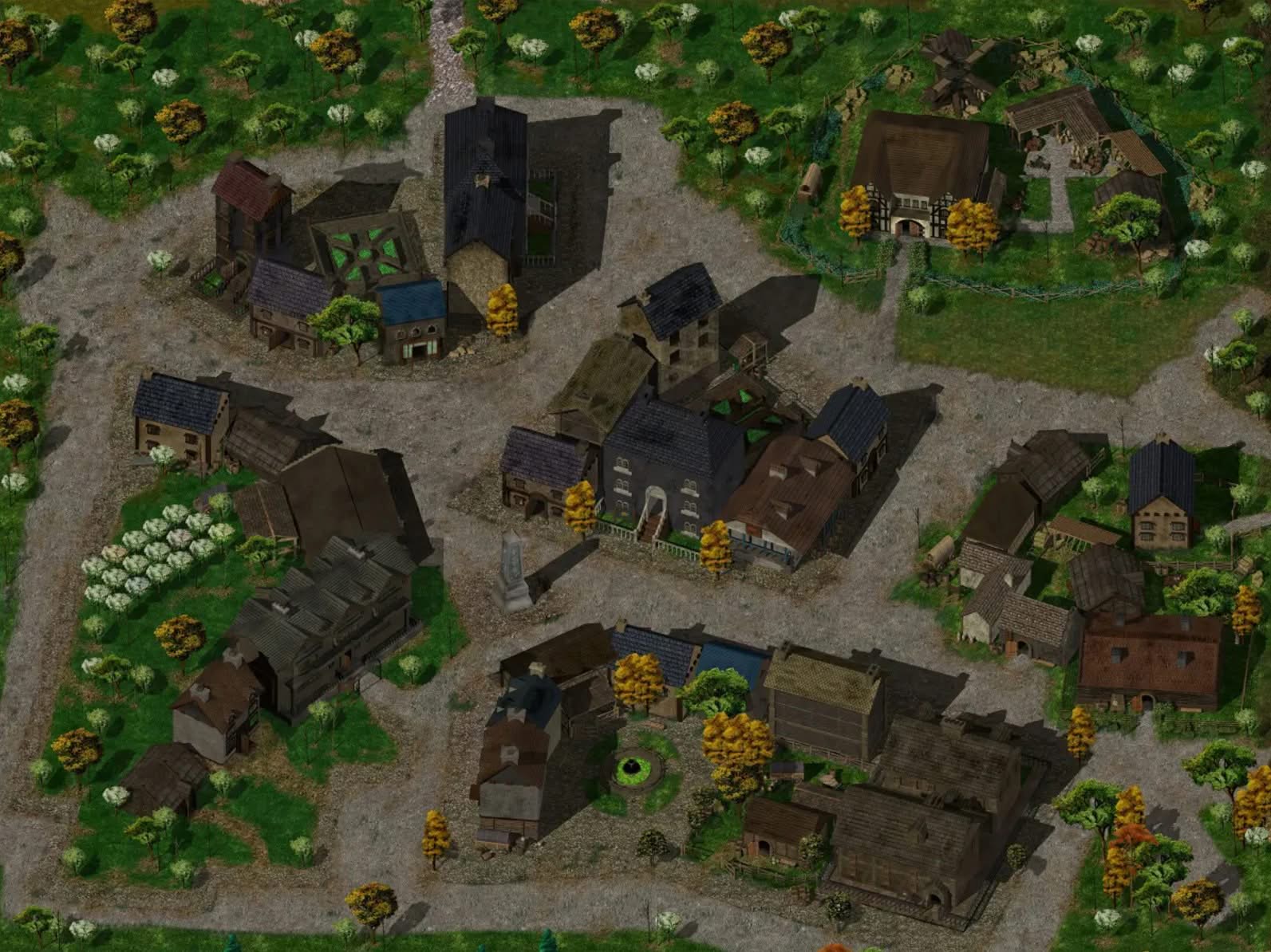 Full map of Beregost in Baldur's Gate 1 with its streets, buildings and surrounding forest