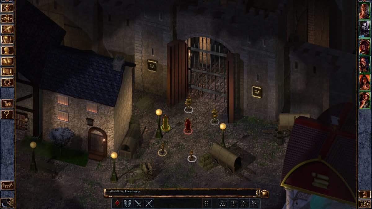 Party in front of the closed duke's palace portcullis in North Baldur's Gate Enhanced Edition