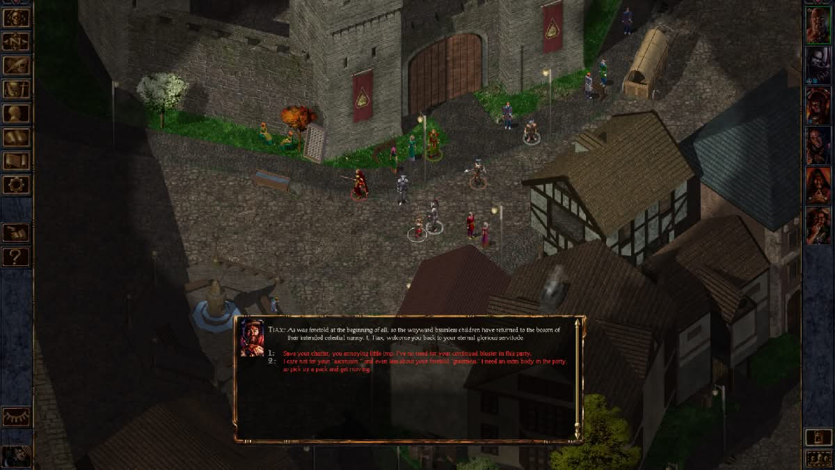 Party in front of the Flaming Fist gate in Baldur's Gate Enhanced Edition