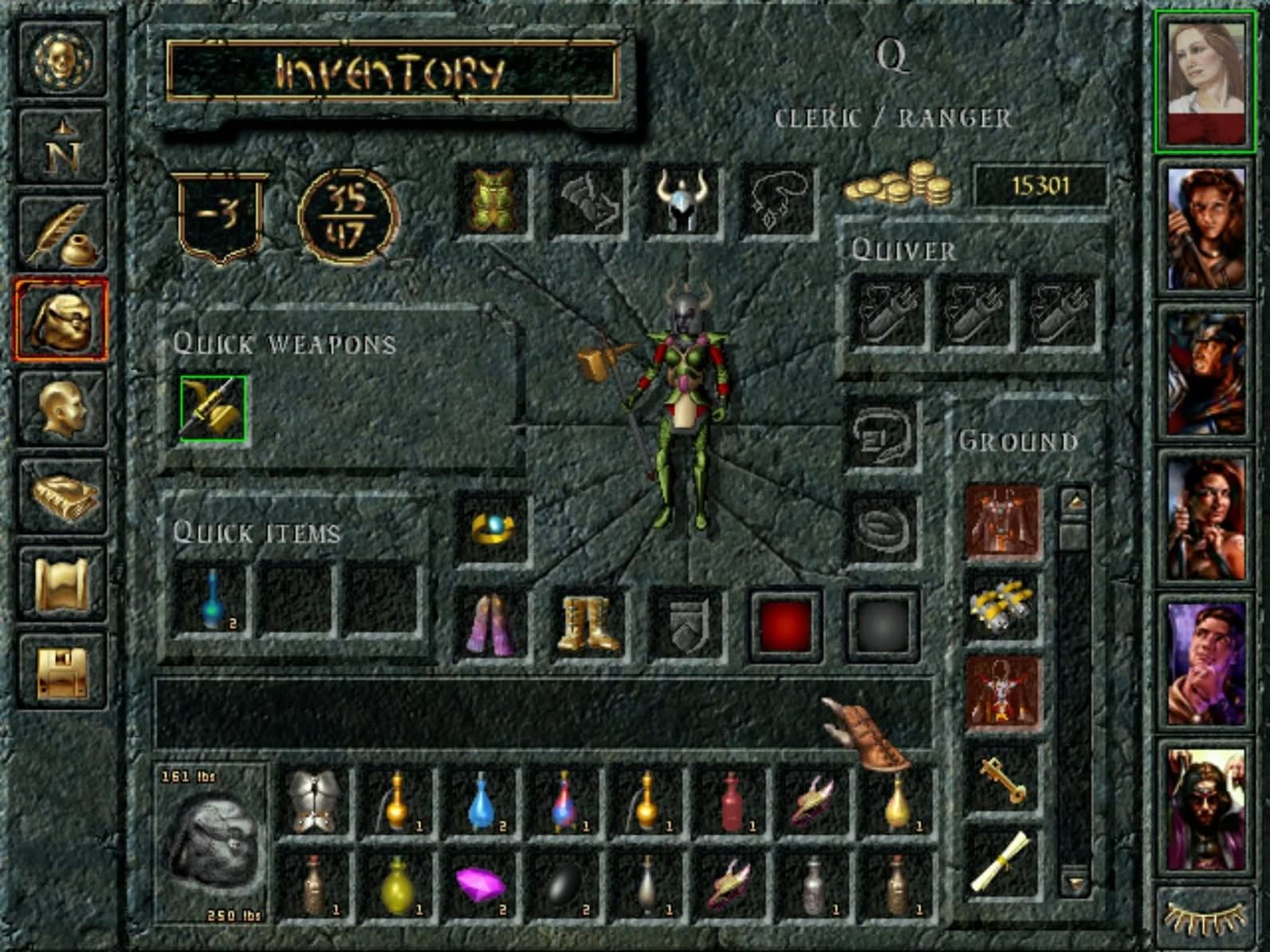 Baldur's Gate 1 inventory with potions, equipment slots and the 6 party members