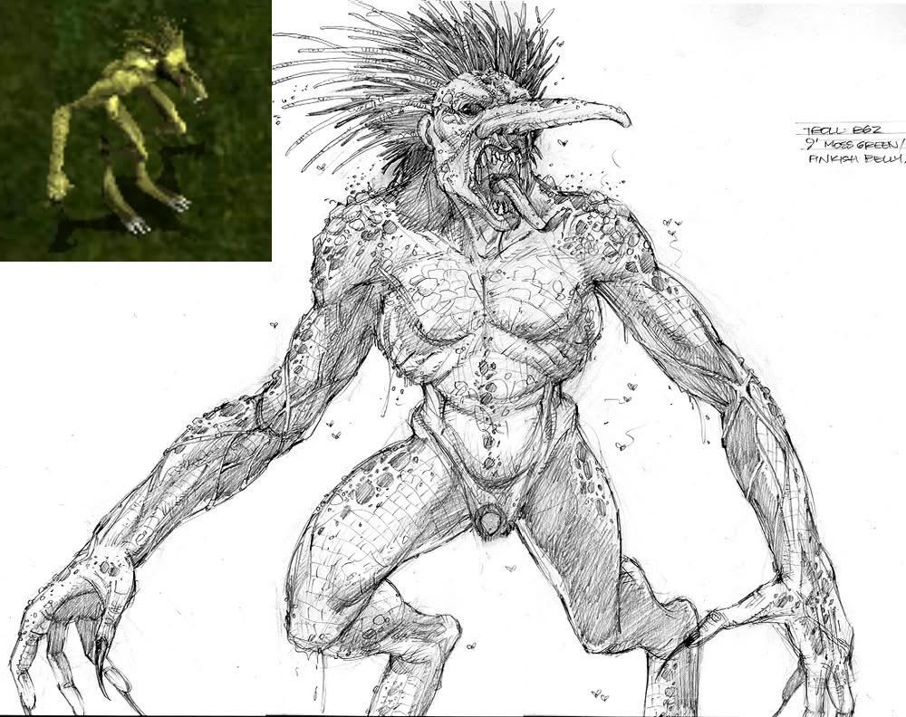 Concept art of a Baldur's Gate Troll and its in-game sprite side by side
