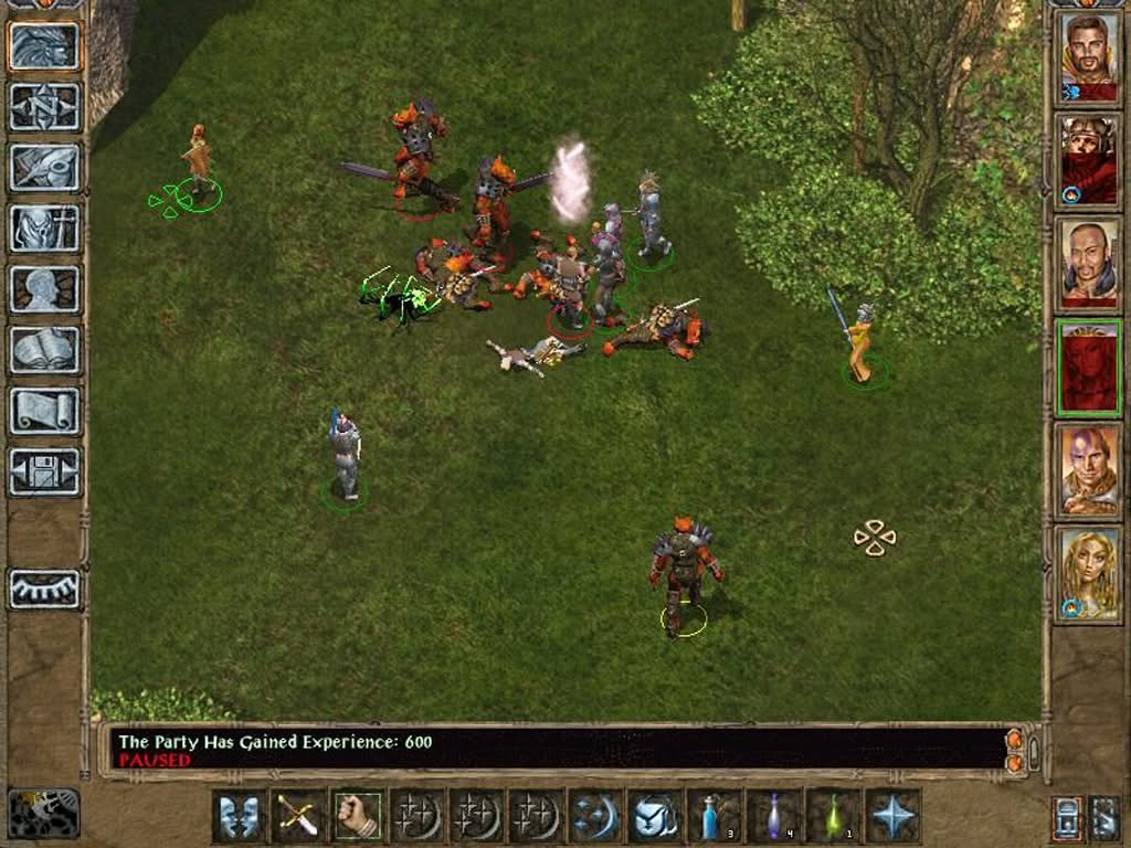Combat in a forest in Baldur's Gate 2 with swords, bows, and magic spells