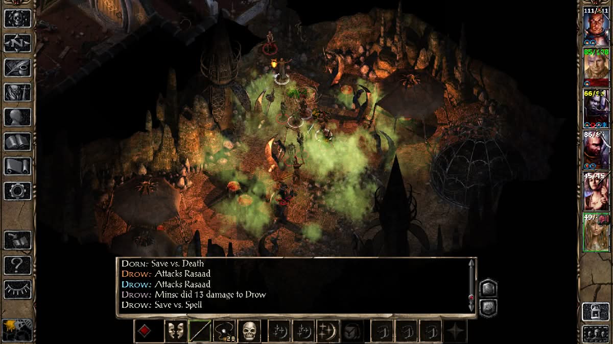 Underground combat in the Underdark with poisonous gas floating in the air in BG2 Enhanced