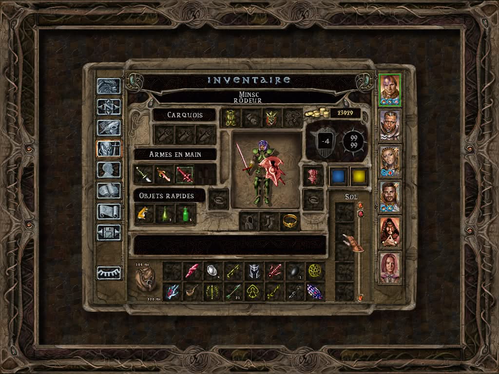 Baldur's Gate 2 inventory with wands, poisoned arrows, gems, and Minsc's inventory