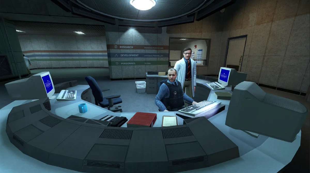 Black Mesa lobby with round table, security guard Barney, scientist and colored directional signs in the background