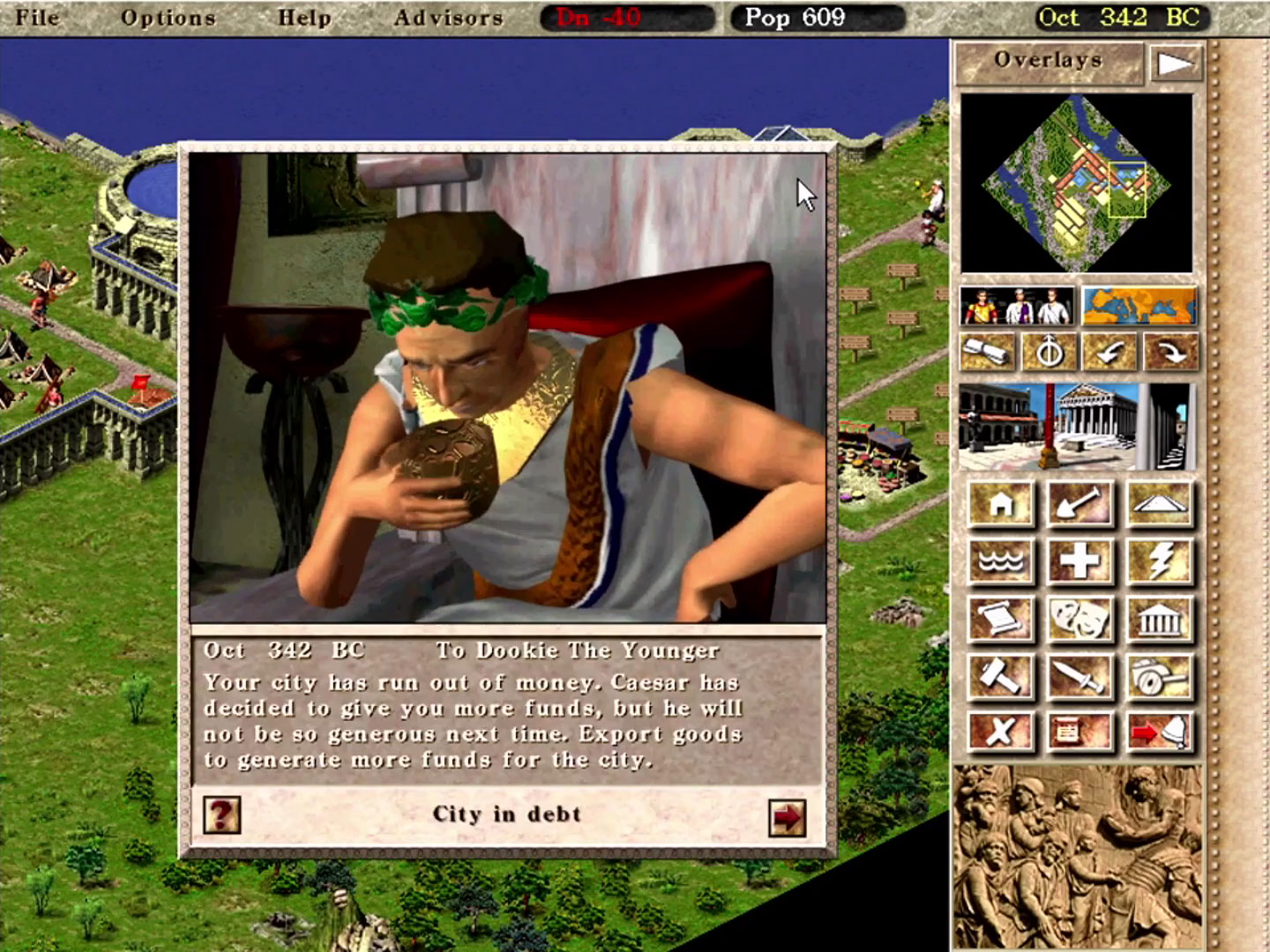 Message City in Debt dans Caesar III indiquant que César va renflouer les caisses une dernière fois avant de sévir