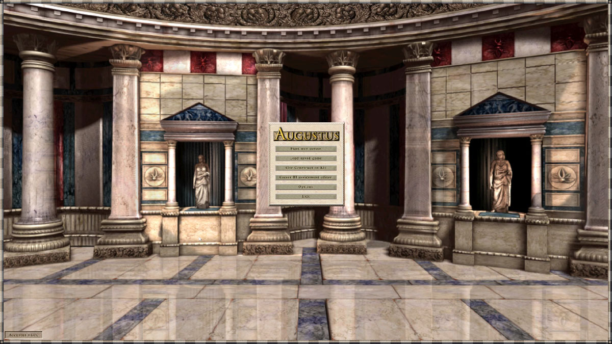 Écran d'accueil de Caesar III version modée Augustus, intérieur d'un grand temple en marbre romain