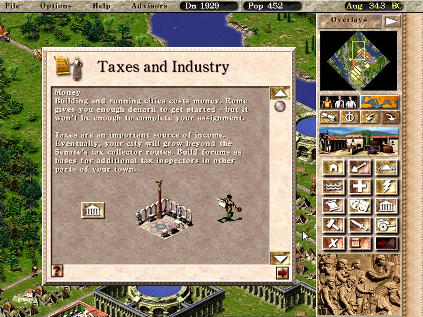 Panneau Taxes et industrie dans Caesar III expliquant la collecte d'impôts auprès des habitants pour remplir les caisses en deniers
