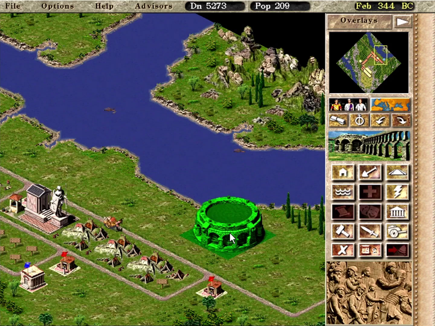 Bâtiment citerne rempli d'eau dans Caesar III, à connecter au réseau d'aqueducs de la cité