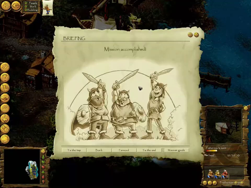 Ecran de fin de mission Mission Accomplished dans Cultures 2000 avec 3 vikings brandissant leurs épées