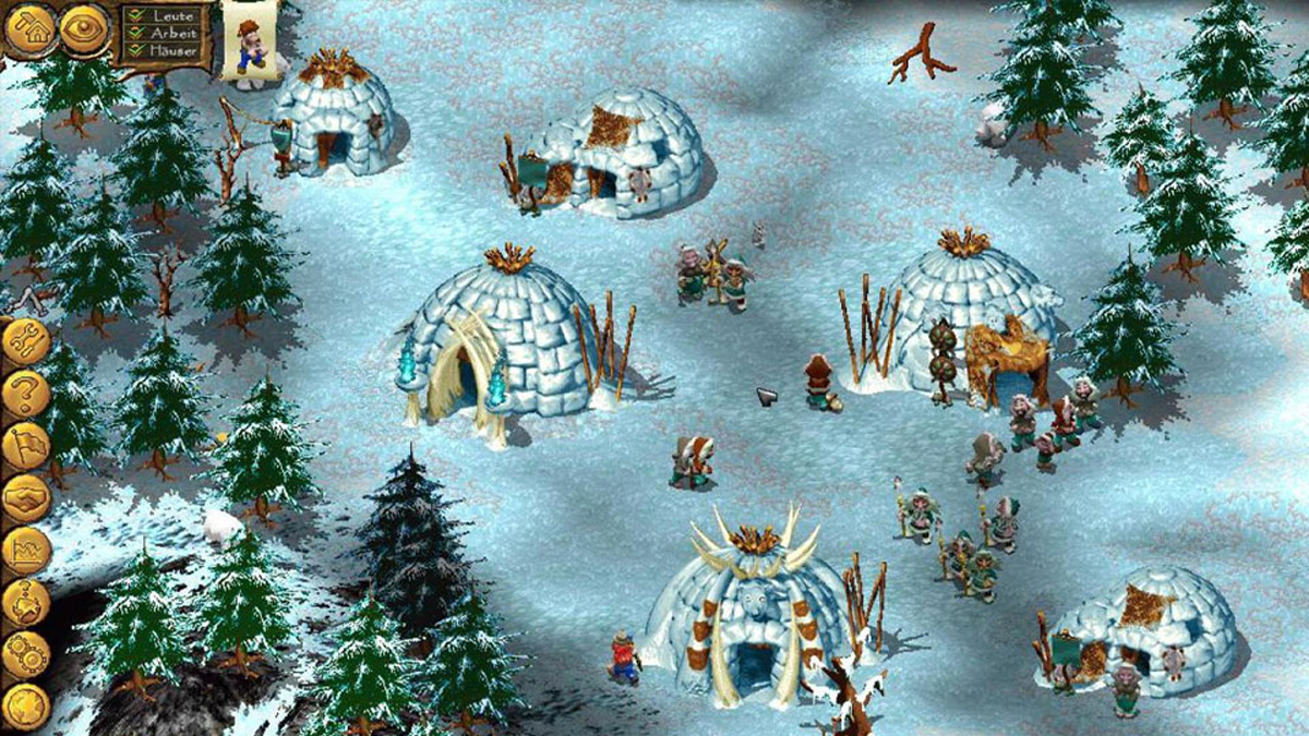 Village viking de Cultures (2000) sous la neige, avec igloos et habitants en peaux de bêtes