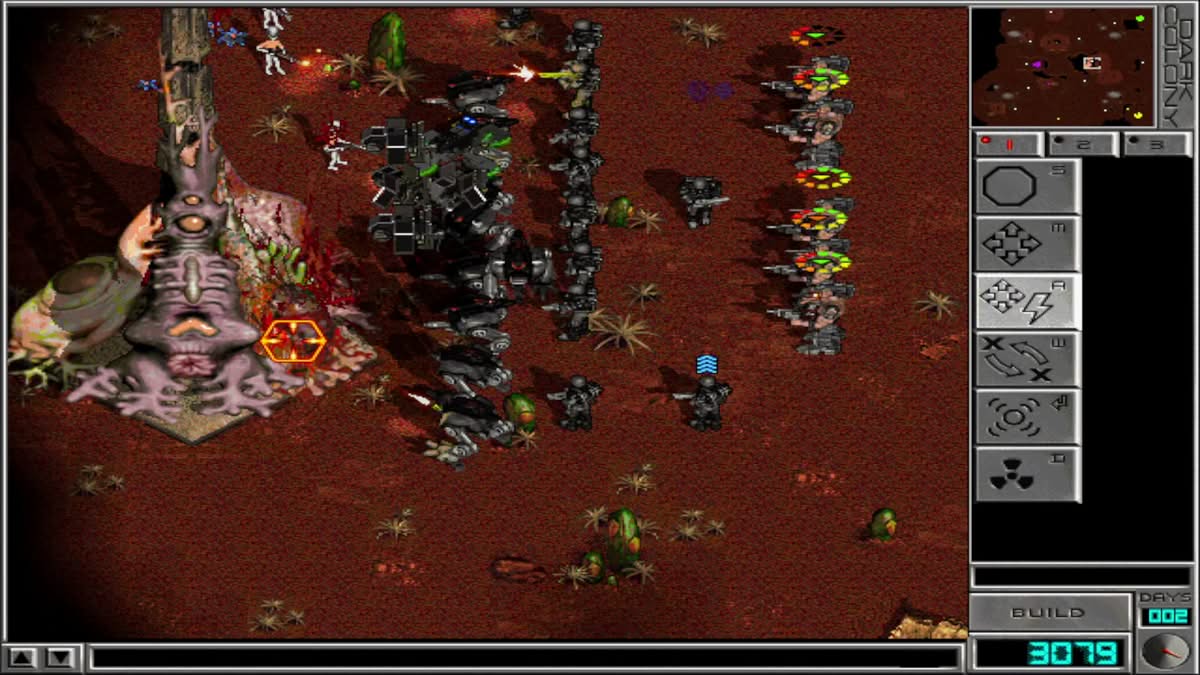 Grande armée humaine composée de bipodes, troopers et Sarges détruisant une base alien