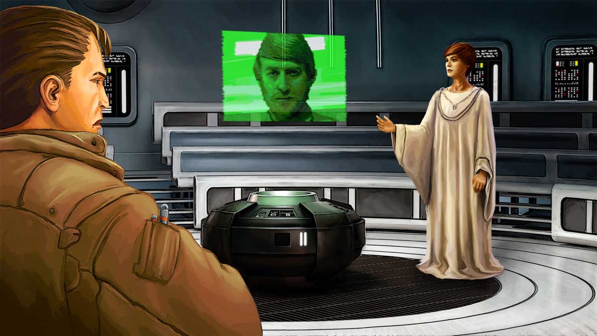 Mon Mothma présentant les plans de mission à Kyle Katarn dans le jeu Star Wars Dark Forces
